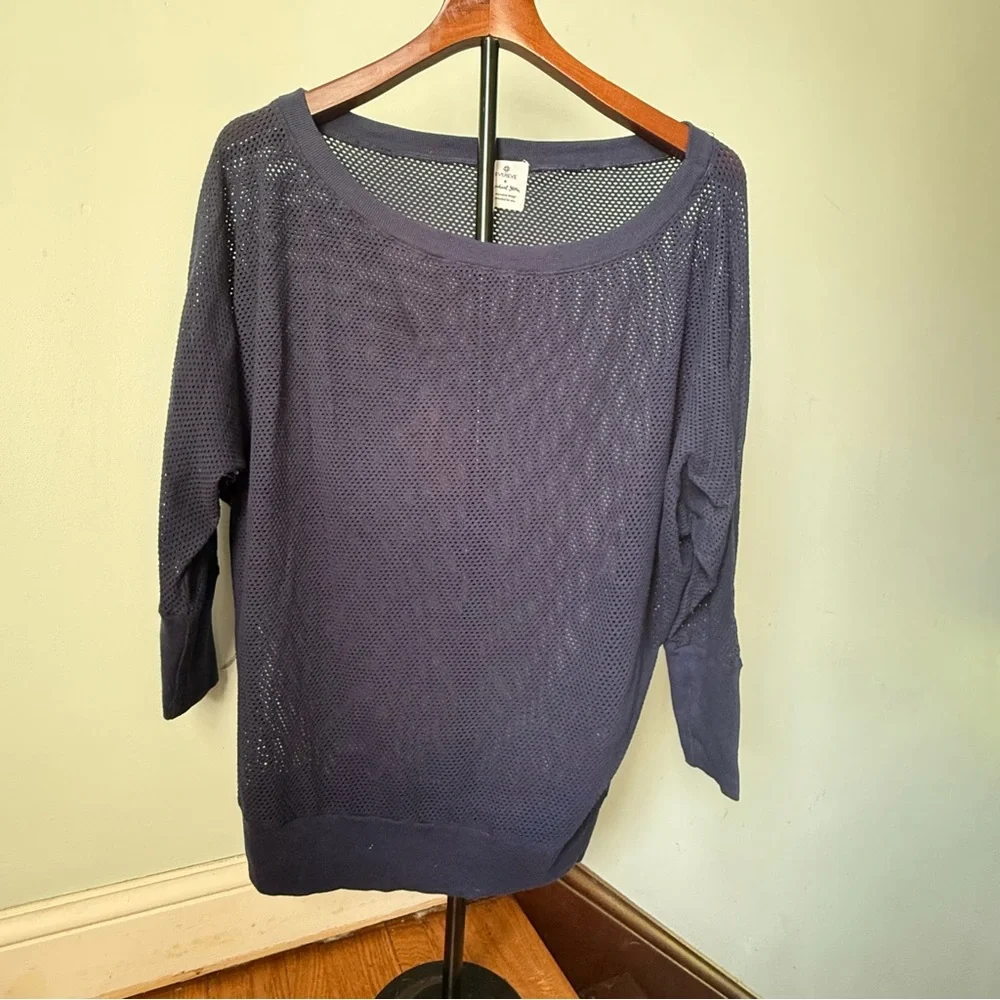 Michael Stars Navy Mesh Off-the-Shoulder Sweater, Size Medium - Picture 2 of 6